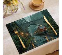 Forest Architecture Placemats Set for Dining Table, 30x45cm Vintage Train Heat Resistant Washable Table Mats Set of 4 for Holiday Kitchen Dining Decoration, Dark Green