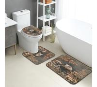 Forest Bathroom Mat Sets 3 Piece, Fanciful Vintage Fox & Mushroom Absorbent Non Slip Toilet Rugs U Shaped Washable, Autumn Floral Quick Dry Memory Foam Bathroom Rug Set