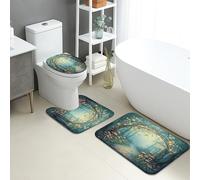 Forest Bathroom Mat Sets 3 Piece, Mushroom Garden Absorbent Non Slip Toilet Rugs U Shaped Washable, Autumn Quick Dry Memory Foam Rug Set