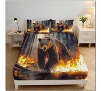 Forest Bear Single Fitted Sheet 30cm Extra Deep, Vintage Illustration Washable Fitted Sheet, Soft Brushed Microfiber Breathable Bedding 90x190x30 cm, Brown