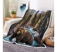 Forest Bear Throw Blankets, Misty Mountains Wildlife Cozy Warm Bed Couch Blanket, Farm Rustic National Park Jungle Rainforest Stream River Rock White Fleece Throws to Decorate the Room and Bedroom
