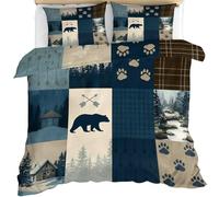 Forest Bear Wildlife Duvet Cover Single, Rustic Camping Cabin Wild Animal Hunting Bedding Bed Set, Patchwork Plaid Quilt Covers 135X200cm with Zipper & Ties, 2 Pillowcases