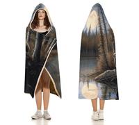 Forest Bears Full Moon Lake Hoodie Blankets, Soft Cozy Flannel Hooded Wraps Blanket Lightweight All Season Blankets for Bed Decorative Travel Office Sofa 40"x50"
