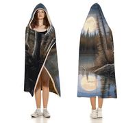 Forest Bears Full Moon Lake Hoodie Blankets, Soft Cozy Flannel Hooded Wraps Blanket Lightweight All Season Blankets for Bed Decorative Travel Office Sofa 50"x60"