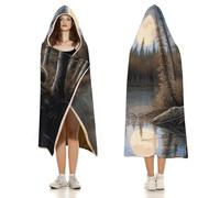 Forest Bears Full Moon Lake Hoodie Blankets, Soft Cozy Flannel Hooded Wraps Blanket Lightweight All Season Blankets for Bed Decorative Travel Office Sofa 60"x80"