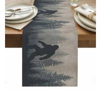 Forest Bigfoot Table Runner 13 x 108 Inch, Vintage Sasquatch Animal Silhouette Foggy Dark Forest Plant Washable Cotton Linen Dining Table Runner Tabletop Decorations for Restaurant Home Kitchen Party