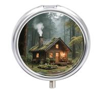 Forest Cabin Pill Box 3-Compartment Travel Pill Organizer Portable Round Medicine Case with Mirror Design for Vitamins, Jewelry & Essentials Durable Pocket Pillbox for Purse, Camping
