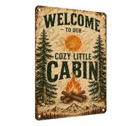 Forest Campfire Aluminum Metal Sign, Retro Mountain Wall Decor, Our Cozy Little Cabin Rustic Art for Outdoor Tent, Patio, Yard, Camper 12x16Inch