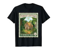 Forest Cotage Storybook Tales Vintage Postage Stamp Value Graphic T-Shirt, Men, Black, L