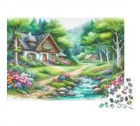 Forest Cottage Jigsaw Puzzles 1000 Pieces Recycled Material Country Path Adult Jigsaws Developing Children‘s Intelligence Parent Child Game Activity 38x26cm/1000pcs