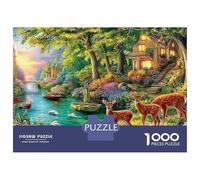 Forest Cottage Scene 1000 Pieces Deer Stream Premium Cardboard Jigsaw Puzzle for Adults Family Parent-child Interaction Senior Citizens Senior Centre Activity 52x38cm/1000pcs