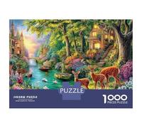 Forest Cottage Scene DIY Jigsaw Puzzle, Deer in Forest Eco-Friendly Paper, Fun & Challenging Family Game, Beautiful Decoration Puzzle, Great Gift Idea 70x50cm/1000pcs