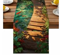 Forest Cr ridge Table Runner, Rustic Wooden Path Green Tree River Botanical Cotton and Table Linen Runner for Kitchen Dining Home Decor for Party Festival Holiday Decoration Gift 13x60in