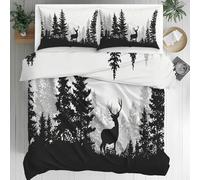Forest Deer Duvet Cover - Stag Wildlife Bedding - Black White Nature Bed Set King Size 3 Piece - Reversible Microfiber Quilt Cover & 2 Pillowcases, Zipper Closure & Corner Ties, 240x220 Ch226