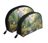 Forest Deer, Foxes and Birds Printed Makeup Bags 2-Piece Portable Shell Travel Toiletry Bag