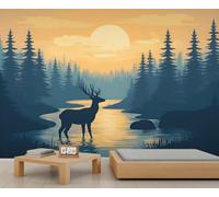 Forest Deer Mural Pine Tree Woodland Wallpaper River and Reflections Room Wallpaper Nature Sunset Landscape Wall Paper for Bedroom Mural for Living Room Bedroom Kids Room Decor 490X350cm