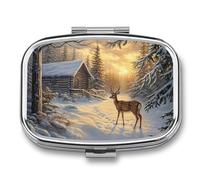Forest Deer Near A Rustic Wooden Cabin Pill Box 2 Compartment Portable Medicine Pill Case Travel Pill Organizer for Pocket Purse