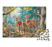 Forest Deer Scene 1000 Piece Game Night Puzzle for Adults Deer Owls Forest Wildflowers Premium Thick Sturdy Vibrant Challenging Hard Stress Relief 38x26cm/1000pcs