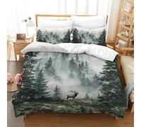 Forest Deer Scene 2 Pieces Polyester Microfibre Nature Landscape Painting Kids Duvet Cover Set, 2 Pack Pillow Cases, Hidden Zip, Men Women, Autumn Use Skin Friendly Breathable Cosy Single（140x200cm）