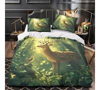 Forest deer scene 3D Digital Print Quilt Cover 3pcs Microfibre Anti-Fade Zip Nature wildlife illustration Duvet Cover 2 Pillowcases Breathable Easy Care Bedding Boys Girls Super king（260x220cm）