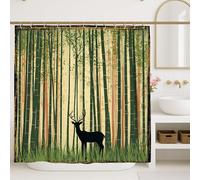 Forest Deer Shower Curtain, Vintage Green Beige Woodland Bathroom Decor, Fall Nature Modern Rustic Waterproof Fabric Shower Curtain with Hooks 62x72 Inch