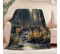 Forest Deer Throw Blanket, Animal Deer Stream Print Fleece Blanket, Ultra-Soft Lightweight Flannel Throw for Sofa Couch Bed, Woodland Nature Design Cozy Blanket for Home Decor, 150 x 200 cm, Tan