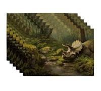 Forest Dinosaur Placemats, Green Natural Wildlife Place mats for Dining Table, Non-Slip Washable Indoor Outdoor Party Decorative Placemat Set of 6