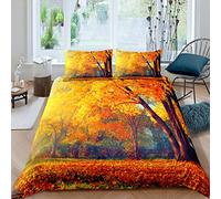 Forest Duvet Cover Set,Nature Theme Fall Leaves Bedding Set For Woman,Autumn Trees Wood Hunter Woodland Red Branches Bedspread Quilt Cover Vibrant Yellow,Decor 3 Pcs King Size