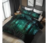 Forest Duvet Cover Sets Double Bedding 3 Piece, Fantasy Green Pattern Reversible Quilt Cover & 2 Pillowcases, Soft Microfiber, Zip, Bedroom Decor & Gifts(HS148)