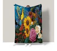 Forest Escape Fleece Blanket,sunflower Soft Throw,Turmeric Flannel Blanket for Sofa or Bed,Warm & Breathable,Ideal for Relaxing Evenings or Gifts,Plants Daisies Animals Butterflies,200*200cm