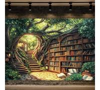 Forest Fairy Enchanted Library Backdrop Magical Woodland Bookshelf Green Garden for Photography Magic Nature Party Birthday Baby Shower Photo Shoots Decor Props 10X8