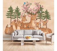Forest Fairy Tale Watercolor Fresh Photo Wallpaper Premium Art Print | Pine Forest Deer Pink Flowers Non-Woven Wall Mural 350 x 256 cm for Living Room Bedroom Kitchen Office Kids