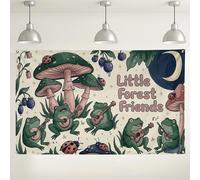 Forest Friends Wall Backdrop, Cute Amphibian and Mushroom Pattern, Green and Peach Decor for Photography, Indoor/Outdoor Party Supplies, Nature-Themed Birthday Decorations 71x43 Inch