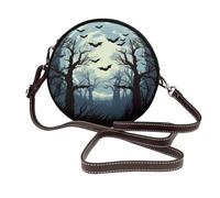 Forest Full Moon Women’s Round Crossbody Bag, Halloween Bat Circular Vegan Leather Shoulder Purse Handbag with Adjustable Strap