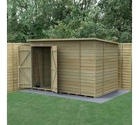 Forest Garden 10X6 4Life Pent Shed 25Yr Guarantee Overlap Pressure Treated - No Windows - Double Door - With Base
