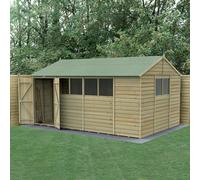 Forest Garden 15X10 4Life Reverse Apex Shed 25Yr Guarantee Overlap Pressure Treated - Double Door - 6 Windows - With Base