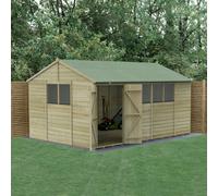 Forest Garden 15X10 Reverse Apex Shed Beckwood 25Yr Guarantee Shiplap Pressure Treated - 6 Windows - Double Door - With Base