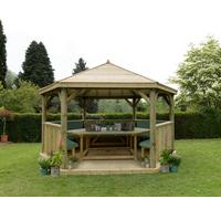 Hexagonal 4.7m Timber Roof Gazebo with Table, Benches & Green Cushions (Installed) - Treated Timber - Forest Garden