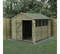 Forest Garden 8X10 4Life Apex Shed 25Yr Guarantee Overlap Pressure Treated - Double Door - 4 Window - With Base
