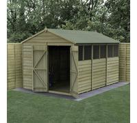 Forest Garden 8X12 4Life Apex Shed 25Yr Guarantee Overlap Pressure Treated- Double Door - 6 Window - With Base