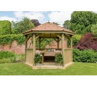 Forest Hexagonal Cedar Roof Gazebo with Table, Benches & Cream Cushions 3.6m Treated Timber (Installed)