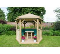 Forest Garden 3m Hexagonal Wooden Garden Gazebo w/ Timber Roof - Furnished w/ Table, Benches and Cushions (Green), Brown