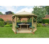 Forest Garden 4m Hexagonal Wooden Garden Gazebo w/ Timber Roof - Furnished w/ Table, Benches and Cushions (Green), Brown