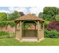 Forest Garden 3.6m Hexagonal Wooden Garden Gazebo with Thatched Roof - Green Lining