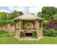 Forest Garden 3.6m Hexagonal Wooden Garden Gazebo with Timber Roof - Furnished with Table, Benches and Cushions (Cream)