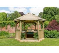 Forest Garden 3.6m Hexagonal Wooden Garden Gazebo with Timber Roof - Furnished with Table, Benches and Cushions (Green)