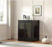 Forest Gravity Cat Litter Enclosure with Glass Doors for Cat-Observant,Litter Box Cabinet with Cozy LED for Cats,Reversible and Optional Entry(Left or Right),Power Outlet for More Choice, Black