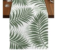 Forest Green Palm Leaves Table Runner, Summer Botanical Tropical Plant Rustic Cotton and Table Linen Runner for Kitchen Dining Home Decor for Party Festival Holiday Decoration Gift 16x72in