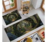 Forest Green Plants Kitchen Rugs Runner Set of 2, Anti Fatigue Fantasy Mystery Kitchen Floor Mat for Home Decoration, Washable Non Slip Green Mats, for Hallway Laundry Room 50x80cm+50x180cm