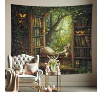 Forest Green Rabbit Tapestry, Fairy Tale Book and Butterflies Wall Hanging, Nature Aesthetic Decor for Living Room, Bedroom, Spring Home Decoration 80x60 Inch